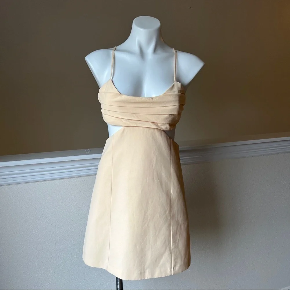 Zara CUT OUT LINEN BLEND DRESS 4688 325 Light Yellow  13.5 " Waist